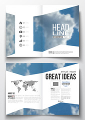 Fototapeta na wymiar Set of business templates for brochure, magazine, flyer, booklet or annual report. Beautiful blue sky, abstract background with white clouds, leaflet cover, layout, vector illustration.