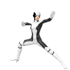 one teenage girl in a white dark super suit. Stands in a fighting pose. Widely spaced legs
