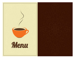 Menu cover design template. Text and an icon of steaming cup, an ornament in background. For coffee house, cafe, restaurant, bar or other