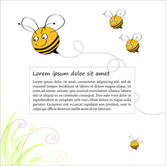 Postcard design with funny bees smiling, grass, swirls and place for text. Square format. Can be used as a greetings card, book page or other.