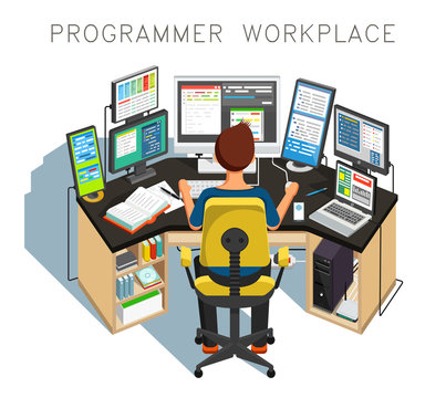 The programmer writes code. Vector illustration