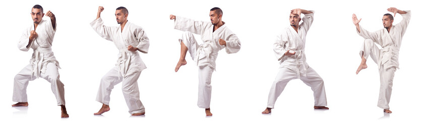 Collage of karate player in kimono isolated on white © Elnur