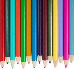 Fourteen color pencils on white background