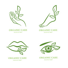 Vector logo, label, emblem set. Female hand, foot, eye, lips with green leaves, isolated. Concept for beauty spa salon, cosmetic, manicure pedicure and organic body care - 116079568