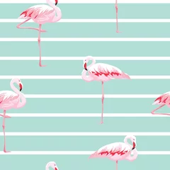 Abwaschbare Fototapete Flamingo Nahtloses Muster des rosa Flamingos mit Streifen
