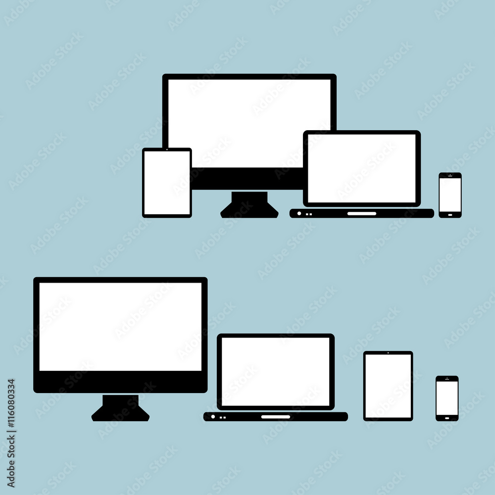 Wall mural set with light displays computer notebook tablet and phone on a light blue background