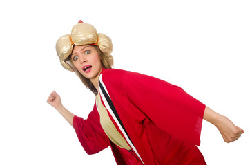 Woman wizard in red clothing isolated on white