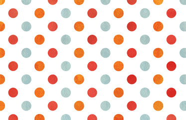 Watercolor orange, blue and red polka dot background.