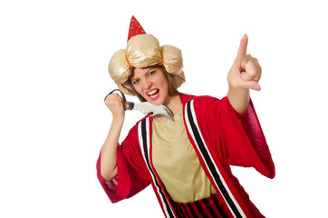 Woman wizard in red clothing isolated on white