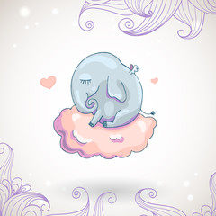 Cute elephant, sleeping on the cloud. Can be used for holiday card design.