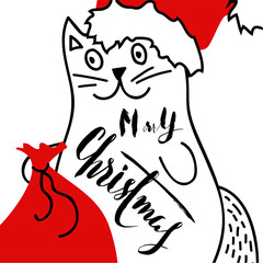 Cat in Christmas hat with a red bag. Holiday lettering.