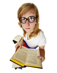 Girl in old heavy glasses read books