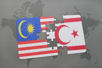 puzzle with the national flag of malaysia and northern cyprus on a world map background.