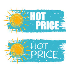 hot price with yellow sun sign, blue drawn labels, vector