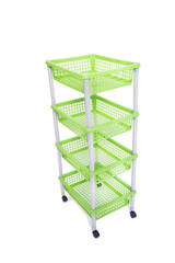 Green bin rack shelf with wheels isolated on white