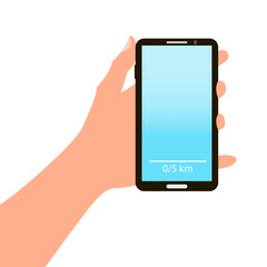 Hand holding smart phone on blue background.