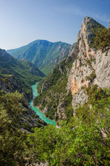 Canyon of Verdon with boats in Provence, France. The largest alpine canyon in Europe.