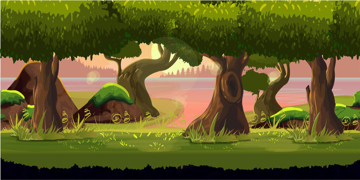 forest game background 2d  application. Vector design. Tileable horizontally. Size 1024x512. Ready for parallax effect