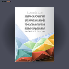 Abstract print A4 design with colored triangles, for flyers, banners or posters over silver background. Digital vector image.