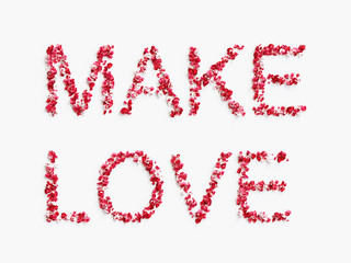 word " MAKE LOVE " made of rose petals on white background 3D render.