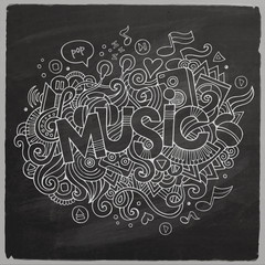 Music hand lettering and doodles elements chalkboard back