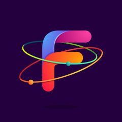 Letter F logo with atoms orbits lines.