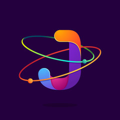 Letter J logo with atoms orbits lines.