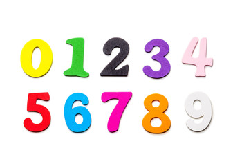 Wooden multicolored numbers close-up, on a white background