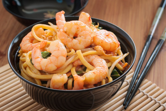 Prawn Chow Mein Or Lo Mein Stir Fried Prawns With Egg Noodles Vegetables And Bean Sprouts