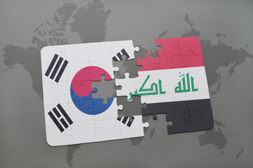 puzzle with the national flag of south korea and iraq on a world map background.