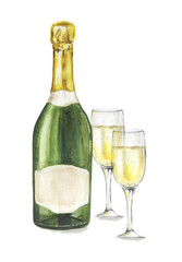 Isolated watercolor champagne bottle with glasses on white background. Alcohol bottle for decoration of menu, cafe, restaurant. isolated on white