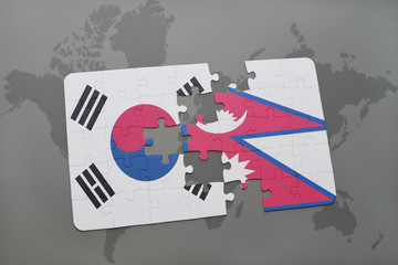 puzzle with the national flag of south korea and nepal on a world map background.