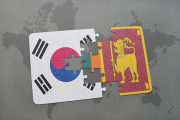 puzzle with the national flag of south korea and sri lanka on a world map background.