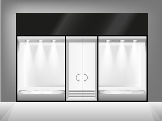 Shop showcase and entrance. Black and white vector glass store
