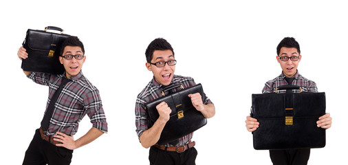 Young employee with briefcase isolated on white