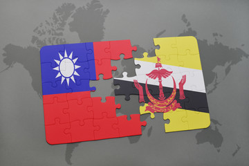 puzzle with the national flag of taiwan and brunei on a world map background.