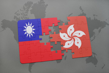 puzzle with the national flag of taiwan and hong kong on a world map background.