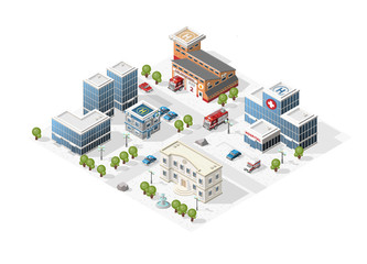 Set of Isolated High Quality Isometric City Elements on White Background.