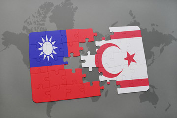 puzzle with the national flag of taiwan and northern cyprus on a world map background.