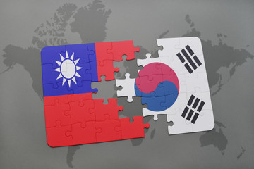 puzzle with the national flag of taiwan and south korea on a world map background.