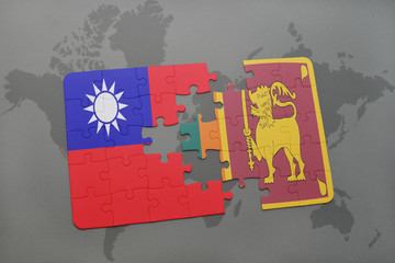 puzzle with the national flag of taiwan and sri lanka on a world map background.