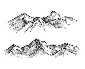Hand drawn vector illustration - mountains. Sketch style - obrazy, fototapety, plakaty