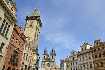 Fototapeta premium Tyn church and astronomical clock with blue sky