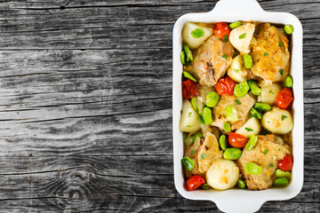 dish with stewed chicken meat, new potatoes and  lima bean