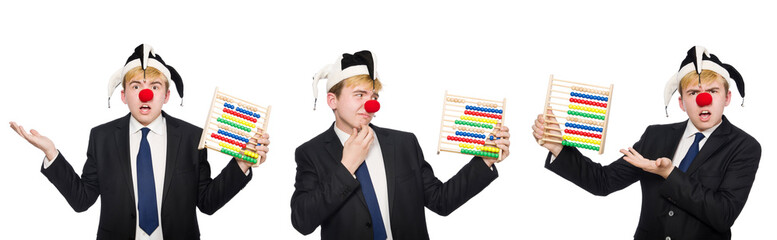 Clown with abacus isolated on white