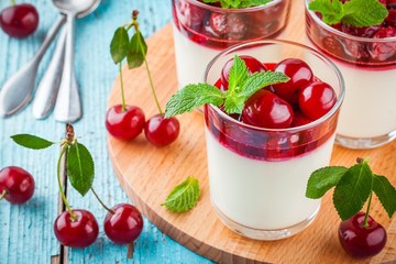 homemade dessert panna cotta with cherry and mint