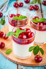 homemade dessert panna cotta with cherry and mint