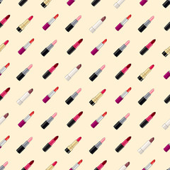 Vector seamless pattern. Five lipsticks. Peach background.