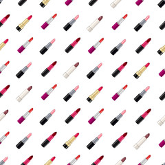 Vector seamless pattern. Five lipsticks. White background.