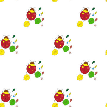 flat seamless autumn pattern with ladybug, leaves and flowers on white background